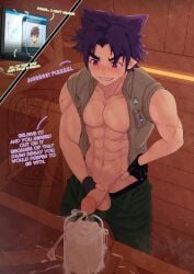 abs blush camp_buddy cum cum_in_glass cum_shot cumming eeee_san excessive_cum full gay gloves keitaro_nagame muscles purple_hair smirk yaoi yoichi_yukimura