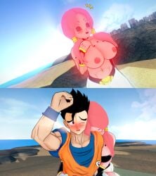 1boy 1girls absorb dragon_ball female_majin fusion majin_buu pink_body slime_girl son_gohan transformation videl