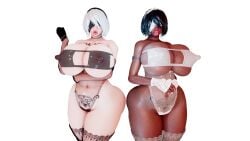 2girls 3d alternate_body_type alternate_breast_size android android_girl arcrad big_breasts bikini bikini_top bimbo black_hair blindfold breasts busty curvaceous curvy curvy_body curvy_female curvy_figure erect_nipples female huge_breasts large_breasts lips nier:_automata nipples nipples_visible_through_bikini pubic_tattoo tattoo thick_thighs thighs voluptuous white_background yorha_2b yorha_2p