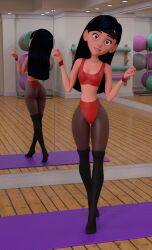 1girls 3d 3d_(artwork) ass black_hair daz3d daz_studio disney female female_only headband kneesocks looking_at_viewer mirror pin3d pixar purple_eyes smooth_skin solo solo_female sports_bra sportswear sweatband the_incredibles upturned_nose violet_parr yoga_ball yoga_mat