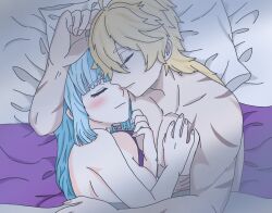 1boy 1girls aether_(genshin_impact) after_sex bed color drawing genshin_impact hoyoverse kamisato_ayaka mihoyo rizuki_suwoto sleeping straight wholesome