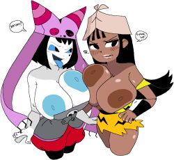 2girls alpha_girl_latifah big_breasts black_hair blue_nipples blush breast_press breasts breasts_out busty clothing dark-skinned_female dark_skin dialogue dream-cassette embarrassed female female_only hand_on_hip hero:_108 hoshime huge_breasts large_breasts multiple_girls mystique_sonia nipples no_bra open_mouth saliva text thick_thighs tongue tongue_out transparent_background white_skin wide_hips