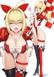 1girls akatsuki_ikki blonde_hair bow bow_in_hair breasts checkered_flag choker cleavage_cutout covered_navel cropped_jacket fate/grand_order fate_(series) flag gloves green_eyes high_heel_boots highleg highleg_leotard holding_flag large_breasts leotard looking_at_viewer nero_claudius_(fate) official_alternate_costume ponytail race_queen red_bow thigh_strap thighhigh_boots uneven_legwear