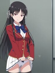 ai_generated blush breasts classroom_of_the_elite demens_kippy horikita_suzune long_hair looking_at_viewer medium_breasts nipples pervert pov red_eyes school_uniform schoolgirl underwear wet_body wet_panties youkoso_jitsuryoku_shijou_shugi_no_kyoushitsu_e