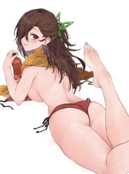 1girls alternate_costume ass back back_view bare_back barefoot beach beach_towel beach_umbrella big_ass bikini bikini_removed bikini_top_removed blue_nails blush bra bra_removed breasts brown_eyes brown_hair butterfly_hair_ornament closed_mouth commentary_request feet feet_up female female_only fire_emblem fire_emblem_fates fire_emblem_heroes from_behind hair_ornament hair_over_one_eye kagero_(fire_emblem) kagero_(resplendent)_(fire_emblem) large_breasts long_hair looking_at_viewer looking_back lotion lying nail_polish nintendo on_stomach panties ponytail red_bikini red_panties red_swimsuit scarf simple_background smile solo sunbathing sunscreen swimsuit the_pose toenail_polish toenails topless towel umbrella underwear untied untied_bikini wet wet_clothes wet_swimsuit white_background yellow_scarf yuuri_(orz_commushows)