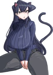 1girls bangs black_eyes black_hair black_jeans black_legwear blue_sweater breasts cat_ears cat_tail covering_crotch female fully_clothed jeans komi-san_wa_komyushou_desu komi_shouko large_breasts leebongchun long_hair pants sweater very_long_hair