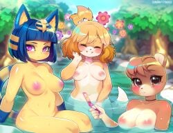 3girls animal_crossing ankha ankha_(animal_crossing) bear_girl blonde_hair blue_hair blush breasts brown_hair cat_girl closed_eyes dog_girl furry holding_smartphone hot_spring isabelle_(animal_crossing) looking_at_viewer maple_(animal_crossing) nintendo nude pink_eyes sitting smile tsampikos