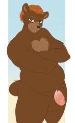 alpha_channel anthro balls bear biped brown_body brown_fur crossed_arms fur genitals glans hair hi_res humanoid_genitalia humanoid_penis male mammal munkeesgomu overweight overweight_anthro overweight_male penis solo tail transparent_background