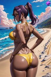 1girls ai_generated ass big_ass big_breasts bikini bikini_bottom bikini_top bleach breasts dark-skinned_male dark_skin female female_only large_ass large_breasts long_hair looking_at_viewer looking_back ponytail purple_hair shihouin_yoruichi solo thighs umbrisai voluptuous voluptuous_female wide_hips yellow_bikini yellow_bikini_bottom yellow_bikini_top yellow_eyes