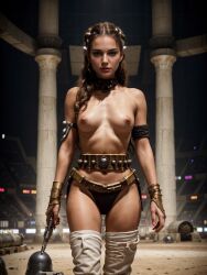 ai_generated approaching bikini_bottom blaster collar collar_ring exposed_breasts female female_only hourglass_figure looking_at_viewer no no_bra no_panties no_shirt oiled_skin padme_amidala small_waist solo star_wars vambraces weapon_in_hand white_legwear