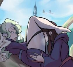 2girls applesoda atsuko_kagari blue_eyes blush brown_hair cunnilingus diana_cavendish eyes_closed green_hair legs legs_up little_witch_academia long_hair multiple_girls orgasm_face panties panties_down pussy thick_thighs thighs yuri