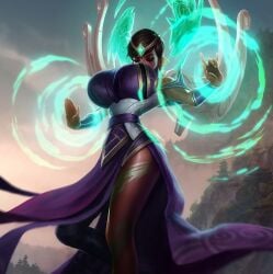 big_breasts covered_breasts dark_skin edit edited edited_official_artwork fully_clothed huge_breasts karma_(league_of_legends) league_of_legends official_artwork_edit short_hair thin_waist