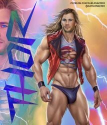 1boy abs actor biceps bulge carlos_gzz celebrity chris_hemsworth human human_only in_character licking light_skin long_hair male male_only marvel marvel_cinematic_universe mature mature_male muscular muscular_male pecs ripped_clothing thick_thighs thor:_love_and_thunder thor_(marvel) thor_(series) underwear