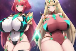 2girls absurd_res ai_generated alternate_breast_size alternate_costume bangs big_breasts blonde_hair blurry blurry_background blush bodysuit breasts busty child_bearing_hips clothes_swap core_crystal costume_switch cowboy_shot crown curvaceous curvy curvy_figure duo duo_focus elbow_gloves feet_out_of_frame female female_focus female_only galaxy gem green_eyes hair_ornament hairband headband hi_res hourglass_figure huge_breasts jewelry large_breasts leotard long_hair mythra nai_diffusion nintendo pleated_skirt pyra red_hair short_hair sidelocks size_difference sleeveless slim_waist small_waist solo_female solo_focus stable_diffusion standing swept_bangs thick_thighs thighs tiara video_games wide_hips xenoblade_(series) xenoblade_chronicles_2