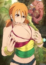 1boy 1girls areolae artist_signature breast_sucking breasts breasts_out brown_eyes character_in_background female huge_breasts large_areolae light-skinned_female light_skin long_hair male monkey_d_luffy nami nipples one_piece one_piece_film_strong_world orange_hair pinkseito pre-timeskip pre_timeskip self_breast_sucking sucking_own_breasts tank_top