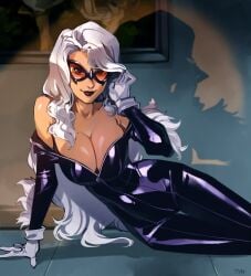 1girls 2d black_cat_(marvel) bodysuit breasts cleavage felicia_hardy gloves huge_breasts large_breasts latex long_hair marvel optionaltypo orange_glasses silver_hair solo solo_female spider-man_(series) white_hair wide_hips