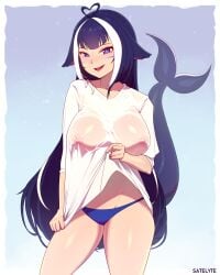 1girls absurdres ahoge animal_ears big_breasts black_hair breasts cetacean_tail facial_mark female heart heart_ahoge highres indie_virtual_youtuber large_breasts light-skinned_female light_skin long_hair looking_at_viewer open_mouth orca_girl panties purple_eyes satelyte school_uniform see-through see-through_shirt shirt_lift shylily smile solo streaked_hair two_tone_hair underwear very_long_hair virtual_youtuber wet_t-shirt whale_girl white_hair