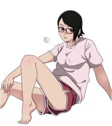 1girls 2020s 2022 aldwelter anime ass bare_legs barefoot black_eyes black_hair blush booty_shorts boruto:_naruto_next_generations dolphin_shorts feet female female_focus female_only foot_fetish front_view glasses heroine legs light-skinned_female light_skin looking_at_viewer manga minishorts naruto naruto_(series) pale-skinned_female pale_skin panties petite pink_topwear pinup sarada_uchiha short_shorts shorts shounen_jump side_slit simple_background sitting sitting_on_floor small_breasts solo solo_female solo_focus t-shirt teenager thighs tiptoes toes tomboy two_tone_bottomwear two_tone_bottomwear_(redandwhite) underwear upshorts white_background white_panties