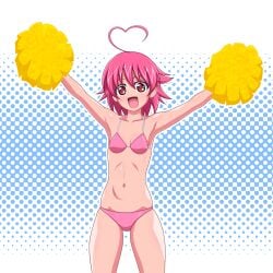 1girls ahoge aino_heart arcana_heart armpits bikini breasts female female_only heart heart_ahoge highres legs looking_at_viewer navel open_mouth pink_bikini pink_hair pom_poms red_eyes short_hair small_breasts smile swimsuit thighs