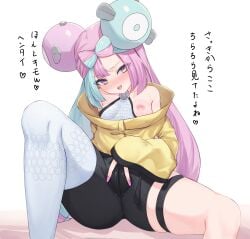 absurdres aqua_hair bangs bare_shoulders blush breasts cameltoe character_hair_ornament female gym_leader hair_ornament hand_on_own_crotch highres iono_(pokemon) jacket long_hair long_sleeves looking_at_viewer mizuongaku multicolored_hair nipples one_breast_out open_mouth pink_eyes pink_hair pink_nails pokemon pokemon_(game) pokemon_sv puffy_nipples sharp_teeth short_shorts shorts simple_background single_thighhigh small_breasts solo spread_legs teeth thighhighs two-tone_hair yellow_jacket