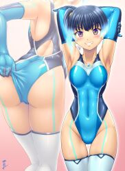 alternate_costume aozametakao armpits arms_up ass blue_hair blue_swimsuit breasts brown_eyes bubble_butt core_crystal elbow_gloves fiery_hair gloves hourglass_figure latex leotard midriff navel nintendo official_alternate_costume one-piece_swimsuit ponytail pulling_clothing pulling_swimsuit sena_(xenoblade) side_ponytail small_breasts swimsuit thick_thighs thighhighs thighs wide_hips xenoblade_(series) xenoblade_chronicles_3