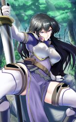 1girls absurdres angry armor ayra_(fire_emblem) black_hair breasts commission female female_only fire_emblem fire_emblem:_genealogy_of_the_holy_war foreshortening forest glaring highres holding holding_sword holding_weapon long_hair looking_at_viewer nature nintendo outdoors rock scowl spread_legs sword teeth thighhighs thighs tomorrowsjoker v-shaped_eyebrows weapon