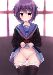 bangs black_thighhighs blue_sailor_collar blue_skirt brown_cardigan brown_eyes cardigan closed_mouth clothes_lift collarbone commentary_request egg_vibrator expressionless female katze_(pixiv) kita_high_school_uniform lifted_by_self long_sleeves looking_at_viewer nagato_yuki neckerchief panties panty_pull purple_hair pussy red_neckerchief red_ribbon ribbon sailor_collar school_uniform serafuku sex_toy short_hair skirt skirt_lift solo suzumiya_haruhi_no_yuuutsu thighhighs underwear vibrator white_panties zettai_ryouiki