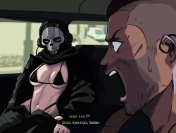 1boy 1girl 1girls activision bikini black_bikini black_jacket blush breasts call_of_duty call_of_duty:_modern_warfare_2 call_of_duty_modern_warfare_2_(2022) car_interior clothes_pull driving earpiece english_text facial_hair fingerless_gloves from_side genderswap genderswap_(mtf) ghost ghost_(modern_warfare_2) gloves groin half-closed_eyes headphones headset highleg highres jacket john_mactavish large_breasts long_sleeves looking_at_another male mask meme navel open_clothes open_jacket open_mouth pants pants_pull panty_straps portrait rule_63 shocked shocked_expression short_hair simon_riley skull skull_head skull_mask soap_(modern_warfare_2) soldier stomach stubble subtitled surprised swimsuit tinafate1 upper_body vehicle_interior