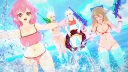 3d 4girls aino_heart arcana_heart beach big_breasts bikini blonde_hair breasts brown_eyes brown_hair busty closed_eyes female female_only highres inuwaka_akane large_breasts legs long_hair looking_at_viewer medium_breasts multiple_girls navel ocean open_mouth pink_bikini pink_hair purple_eyes red_bikini shirt short_hair smile swimsuit thighs voluptuous water water_gun white_hair