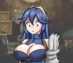 1girls alternate_breast_size big_breasts blue_eyes blue_hair cleavage fire_emblem fire_emblem_awakening hayato_stuff long_hair looking_down lucina_(fire_emblem) nintendo solo_female surprised tiara