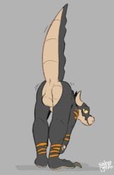 anthro anus ass backsack balls bent_over black_body black_scales claws genitals grey_background horn kobold looking_back male presenting presenting_hindquarters raised_tail scales scalie simple_background sodacaps solo