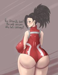 big_ass big_breasts black_hair jojojiva leotard momo_yaoyorozu my_hero_academia puffy_nipples text