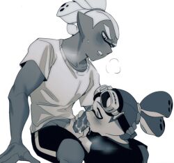 blowjob coroika dark-skinned_male femboy gay gay_blowjob goggles_(splatoon) light-skinned_male male/male male_only pandar_ika rider_(splatoon) splatoon splatoon_(manga) steam sweat yaoi