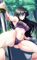 1girls absurdres ayra_(fire_emblem) bra breasts commission covered_nipples female female_only female_pubic_hair fire_emblem fire_emblem:_genealogy_of_the_holy_war flustered foreshortening forest highres holding holding_sword holding_weapon lingerie long_hair looking_away nature nintendo nipples outdoors panties pubic_hair pubic_hair_peek pussy see-through sword thighs tomorrowsjoker underwear weapon