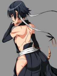 1girls ass bare_back big_ass black_eyes black_hair bleach blush breasts closed_mouth female from_behind grey_background highres long_hair looking_at_viewer looking_back no_bra panties petite revealing_clothes ryohei_29 shiny shiny_hair shoulder_blades shounen_jump sideboob simple_background skindentation small_breasts soifon solo twintails underwear white_panties