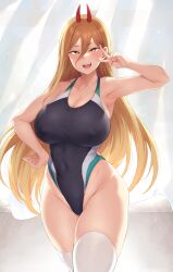 1girls absurd_res alternate_breast_size armpits blonde_hair breasts chainsaw_man demon demon_girl demon_horns female gold_eyes hand_on_hip hi_res hips horns huge_breasts large_breasts light-skinned_female light_skin long_hair nipple_bulge one-piece_swimsuit peace_sign plump pointy_teeth power_(chainsaw_man) sharp_teeth smile swimsuit thick_thighs thighhighs thighs wide_hips yomomirin