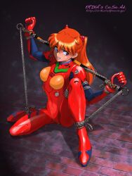 1girls asuka_langley_sohryu blue_eyes bondage female female_only fully_clothed neon_genesis_evangelion plugsuit rope shibata_masahiro solo solo_female spreader_bar