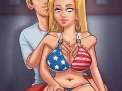 1boy 1girls 2d american_flag american_flag_bikini animated belly_piercing big_breasts bikini bikini_bottom bikini_top blonde_hair blue_eyes bottomwear breast_massage breast_rub breasts brown_hair changing_room cleavage clothed clothing darkcookie digital_drawing_(artwork) digital_media_(artwork) digital_painting_(artwork) duo ear_piercing earrings erect_nipples female_focus gif huge_breasts light-skinned_female light-skinned_male light_skin main_character_(summertime_saga) male male/female massage navel navel_piercing pants piercing roxxy_(summertime_saga) rubbing shirt short_hair shorts sitting summertime_saga surprised surprised_expression tan_body tan_skin tanline tight_bikini tight_clothing topwear