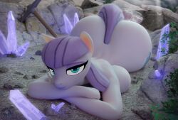 3d 3d_(artwork) anthro ass barefoot big_butt casual_nudity crystals female friendship_is_magic front_view hooves-art looking_at_viewer lying_down lying_on_ground lying_on_stomach maud_pie_(mlp) my_little_pony nudity on_front rocks sideboob solo solo_female