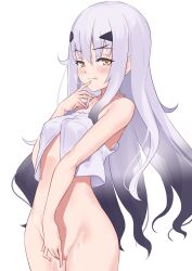 bangs bare_shoulders bottomless breasts brown_eyes camisole fairy_knight_lancelot_(fate) fate/grand_order fate_(series) female female_masturbation forked_eyebrows highres jilu licking_lips long_hair looking_at_viewer masturbation melusine_(fate) pussy_juice sidelocks small_breasts smile solo thighs tongue tongue_out white_camisole white_hair