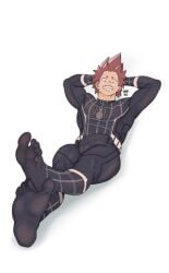 arms_behind_head bulge bulge_under_clothes eijirou_kirishima feet flaccid looking_at_viewer male_only marvel marvel_comics minkoni2 muscles my_hero_academia red_hair smiling_at_viewer solo solo_male spider-man_(cosplay) spider-man_suit thick_thighs tight_clothing yaoi