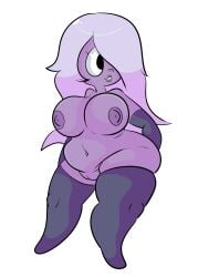 amethyst_(steven_universe) cartoon_network gem_(species) hair_over_one_eye large_breasts long_hair purple_skin pussy shortstack solofrozen steven_universe thighhighs transparent_background white_hair