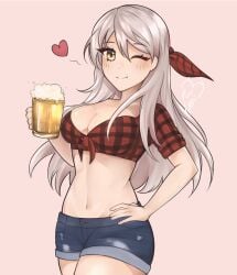 1girls 2020s 2022 anime artist_name bangs beer_mug blue_bottomwear blush breasts checkered_clothes checkered_shirt cleavage commission cropped_shirt cup denim denim_shorts ecstasy eyebrows_visible_through_hair female female_only fire_emblem fire_emblem:_radiant_dawn floating_heart front_view grey_hair groin hair_ribbon hand_on_hip heart highres knot large_breasts long_hair lowleg lowleg_shorts manga micaiah_(fire_emblem) midriff mug nintendo one_eye_closed pink_background purrlucii ribbon shiny_hair shiny_skin shirt short_shorts short_sleeves shorts signature simple_background smile solo solo_female standing tied_shirt twin_peaks_(restaurant) two_tone_topwear watermark white_hair wink winking_at_viewer yellow_eyes