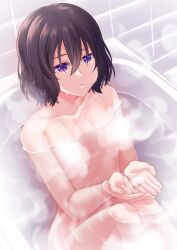 1girls bathroom bathtub black_hair breasts censored closed_mouth female hair_between_eyes highres levana_violette_(lusan666) lusan666 nude original purple_eyes short_hair small_breasts soaking_hands tagme wet