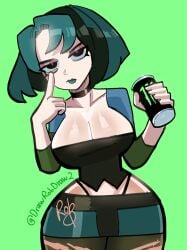 ass big_breasts blue_hair cartoon_network choker cleavage cowboy_shot curvy curvy_female curvy_figure drawrobdraw2 drink energy_drink female fresh_tv front_view gesture goth green_background gwen_(tdi) highleg_panties holding_can medium_hair midriff monster_energy monster_energy_drink signature solo thick_thighs thighs thong total_drama_island two_tone_hair wasp_waist zettai_ryouiki