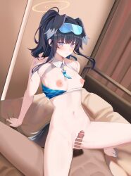 1boy bangs bar_censor bare_shoulders black_hair blue_archive blue_nails blue_ribbon blush bottomless breasts censored cowgirl_position erection eyewear_on_head female goggles goggles_on_head halo hibiki_(blue_archive) hibiki_(cheerleader)_(blue_archive) highres imminent_penetration imminent_vaginal long_hair looking_at_viewer nail_polish navel nipples nude on_bed penis pubic_hair purple_eyes pussy ribbon ru_zhai sex solo_focus spread_legs straddling straight thighs toenail_polish toenails