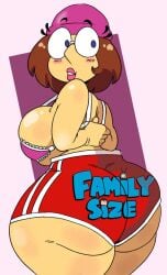 ass big_ass big_breasts blue_eyes bra breasts brown_hair cute family_guy female glasses huge_ass looking_back meg_griffin shortstack text thick_thighs