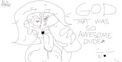 admiring breasts cum cum_in_mouth cum_on_face drool drool_string drooling eyes_open female heart heart-shaped_pupils licking lust lustful_gaze penis penis_out sharp_teeth sketch thisismause tongue_out