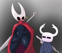 ambiguous_gender anthro arthropod balls black_body cape cloak clothing duo genitals hollow_knight horn hornet_(hollow_knight) humanoid male penis poraka7 protagonist_(hollow_knight) rule_63 team_cherry thick_thighs vessel_(species) video_games weapon