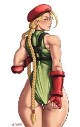 1girls 2d 2d_(artwork) artist_signature ass beret blonde_hair blue_eyes cammy_white capcom clothing female leotard leotard_pull long_hair looking_at_viewer looking_back mootium muscles muscular_female red_beret solo solo_female solo_focus street_fighter tagme twin_braids wedgie